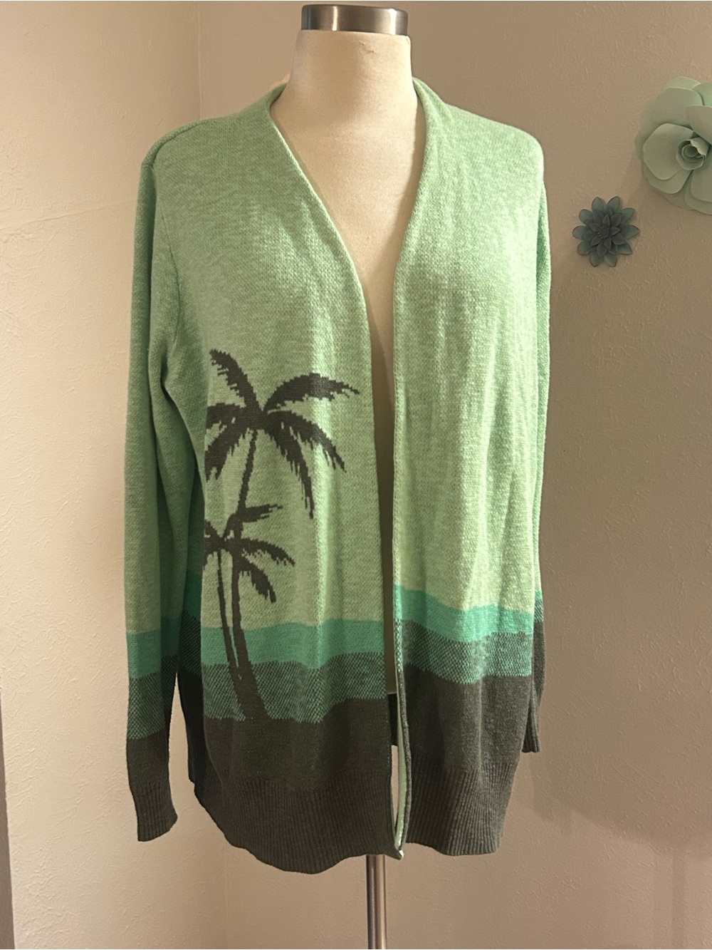 Denim & Co Mint Green Palm Tree Open-Front Cardigan